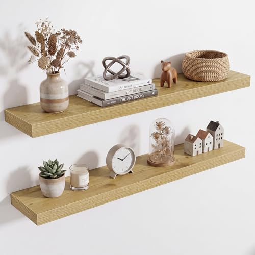 Image of Acovy 36in Long Floating Shelves for Wall Set of 2, Wood Wall Shelves for Bathroom Bedroom Kitchen Living Room Laundry Room, Modern Floating Shelf for Home Decor