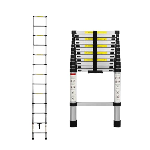Traderight 3.8m Telescopic Ladder Retractable, Aluminium Thicken Extension Ladders 12.4FT for Household,Home,Office, Telescoping Height Locking Extend Climb 150kg Capacity 12 Step Frame Ladder Silver