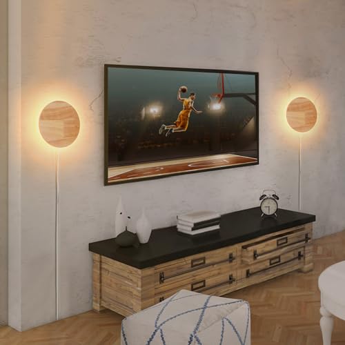 Image of Modern Minimalist Plug in Wall Sconces, Plug-in Or Cordless 11.8'' Round Wood Backlight LED Wall Lamp, 25W, 2500LM Warm White Brightness Wall Light Fixtures for Bedroom, Living Room Wall Decor