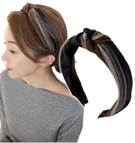 [Herbeluemily] カチューシャ ヘアバンド PUレザー バイカラー ツイスト 幅広 ワイド クロス バンダナ ブラック×ダークブラウン HM-0068-R05-BKDBのサムネイル