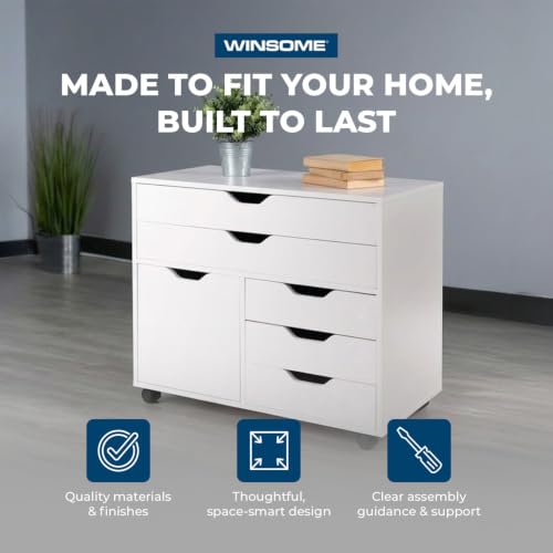 Image of Winsome Halifax Mobile Storage Cabinet with 1 Door & 5 Drawers, White
