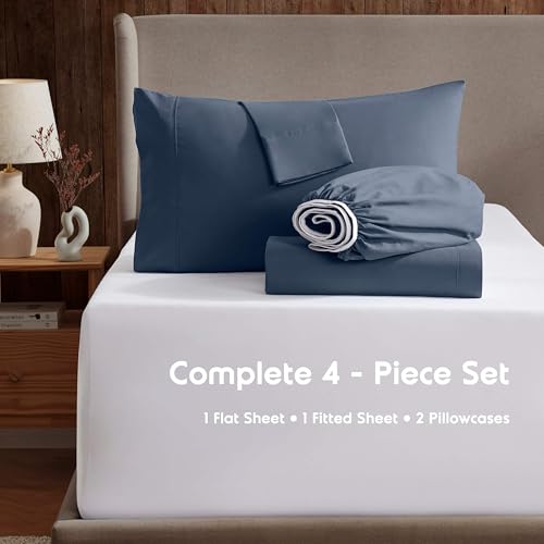 Image of Nestl Short Queen Bed Sheet Set - Navy Blue - 4-Piece Deep Pocket | Instantly Soft, Night-One Ready (No Wash Required). Fits 16-Inch Deep Pockets, 360-Degree Elastic Grip