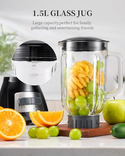 SHARDOR SHARDOR Standmixer, 700 W Spitzenleistung smoothie maker mit 1,5-Liter-Glasbehälter, Edelstahl 6-Klingen, 5 Geschwindigkeitsstufen für Milchshakes, Smoothies, Säfte und Eisgetränke, schwarz - Funktionsansicht 5 | Mixer