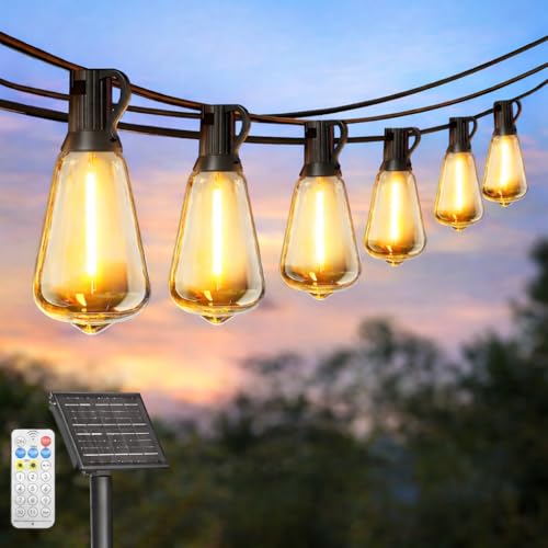 Skoiuc Solar String Lights Outdoor Waterproof with Remote & Timer, LED Shatterproof ST38 Bulbs, USB & Solar Powered Patio Lights for Backyard, Porch, Garden, Wedding, Christmas Decor (25FT)
