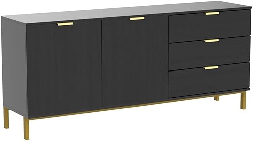 Miniatura 4 de AIEGLE Aparador buffet con 3 cajones y 2 puertas para cocina, armario de entrada con patas de metal dorado, negro (62.9 pulgadas de largo x 15.7