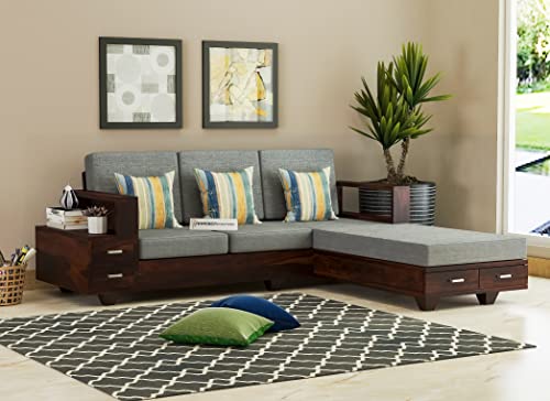 Image of Sheesham Wood 4 Seater L Shape Sofa Set with 2 Drawer Storage | 3+1 Wooden Sofa Set Furniture for Living Room Home Office (Walnut Finish)