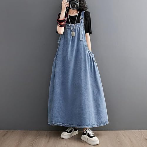 Women's Denim Jumper Dress Loose Baggy Maxi Adjustable Strap Wide Hem Oversize Long Jean Overalls3