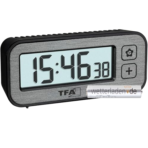 TFA Dostmann Mini-Wecker digital mit Temperatur und Luftfeuchtigkeit Switch, 60.2039.10, mit Höchst- und Tiefstwerte, mit Weckalarm und Quarzuhr, Reisewecker, klein, Nicht tickend (grau mit Batterie)