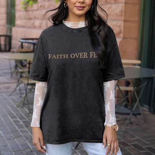Faith Over Fear Christian Shirts for Women Oversized Jesus God Bible Verse Religious Tees Acid Wash Tshirts Tops3
