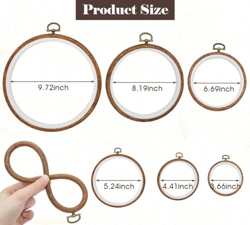 6 Pcs Multi-Size Round Embroidery Hoops - Frame Circle from 3.6 in to 9.7 in Cross Stitch Display Rubber Hoops Ring, Imitated Wood Frame Kits for DIY Craft Sewing & Hanging Ornaments - Thumbnail 7