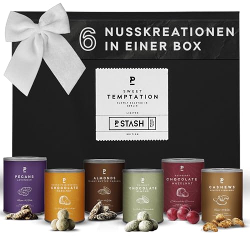 P-Stash Black Box Nussmischung Sweet Temptation - 6er Box Nüsse Mix - Pekannüsse, Haselnüsse, Mandeln & Cashews - Mixed Nuts mit einzigartigen Gewürzkombinationen, handgeröstet in Berlin