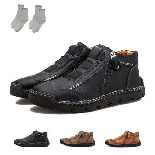 Matufit Shoes for Men,Men's Leather Waterproof Non-Slip Fashionable Orthopedic Shoes,Side Zip Slip-On Flats, for Winter (Black,8.5)