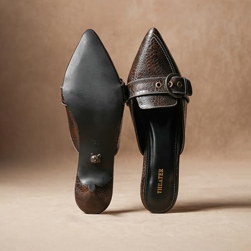 Image of Theater Women Pointed-Toe Mule Heels | Slip-On Kitten Heels with Gold Buckle | Elegant & Comfortable Sandals for Work, Office & Smart Casual Wear