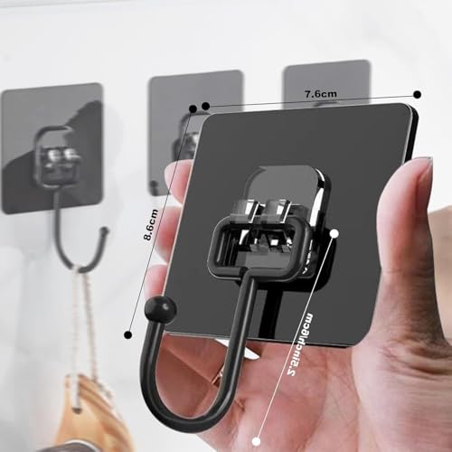 Image of Heavy Duty Adhesive Wall Hooks | 7 x 7 cm | Strong Waterproof No Drill Sticky Hook Hangers for Towel, Keys, Bags & Clothes | 10 Pcs Self Adhesive Wall Hooks - Black
