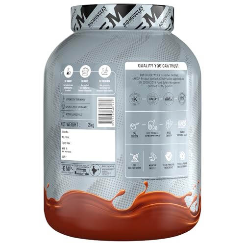 Image of Bigmuscles Nutrition Crude Whey - 2 kg (Rich Chocolate) | US FDA REGD. BRAND | Whey Protein Concentrate 80%, 24g Protein, 5.5g BCAA, 4 g Glutamine