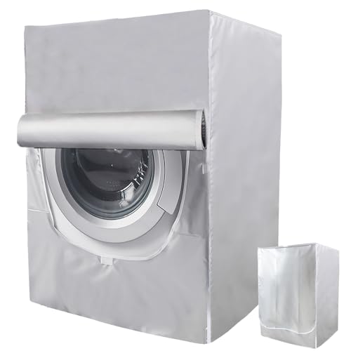 Funda Lavadora Exterior Impermeable Carga Frontal per Lavandería Doméstica,Cubierta per Antipolvo Con Protección UV Cubre Lavadora Secadora Exterior, M-Mediano Cubre Lavadora:60×60×88cm（Plata)
