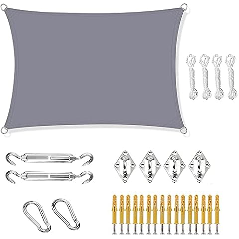 Sun Shade Sail, Gray Rectangle Waterproof UV Protection Garden Canopy with Full Set of Awning Attachment BBQ Gazebo (2x3m) Cover