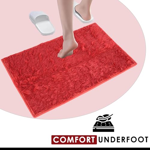 Image of Urbane Home Pack of 2 Anti-Slip Bathroom Mat | Door Mats for Home Entrance & Kitchen Floor | Foot Perdan for Home Door | Furry - Red