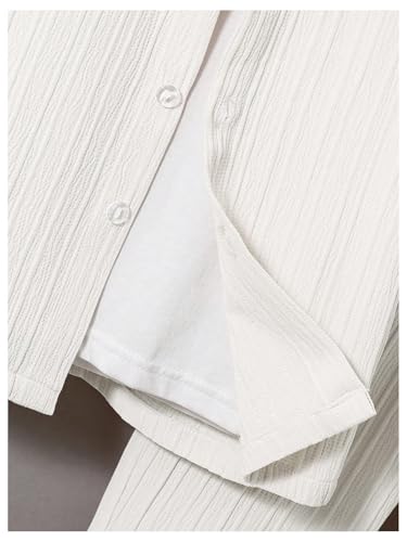 Image of RoseSeek Boy's 2 Piece Outfits Textured Button Down Short Sleeve Collar Shirts Tops and Elastic Waisted Pants White 4Y