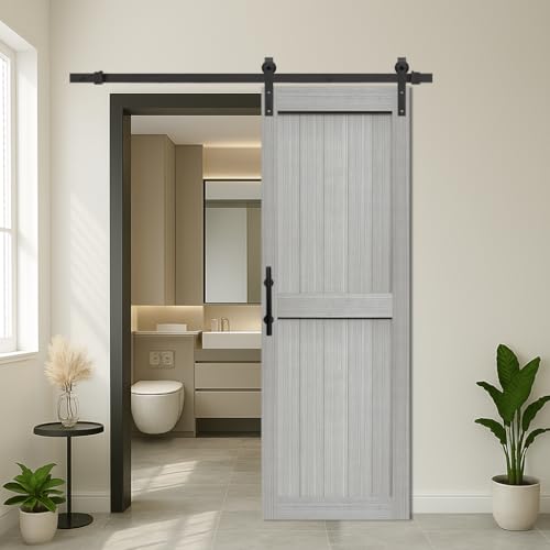 S&Z TOPHAND® 24in x 84in MDF Light Gray Barn Door with 4FT Sliding Door Hardware Kit, 24-60in Solid Barn Door Slab Covered with Water-Proof PVC Surface, Simple Assembly is Required