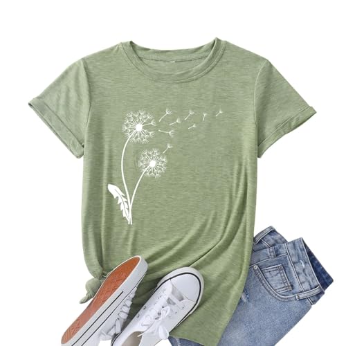 Dandelion Women's T-Shirts Casual Flower Graphic Tees Summer Short Sleeve Shirts (Pea Green,XL)