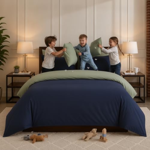 Image of Duvet Cover Single Size Bed (60x92 Inch) 1 Duvet Cover + 4 Pillow Covers with Zipper 600 TC Cotton Reversible Luxurious Quilt, Comforter, Rajai, Blanket Cover (Sage /Navy Blue)