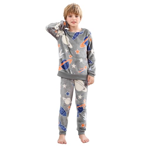 V.&GRIN Boys Fleece Pajamas, Soft Cozy Pullover Sweatshirt Pants Set for Kids 7-16 Years