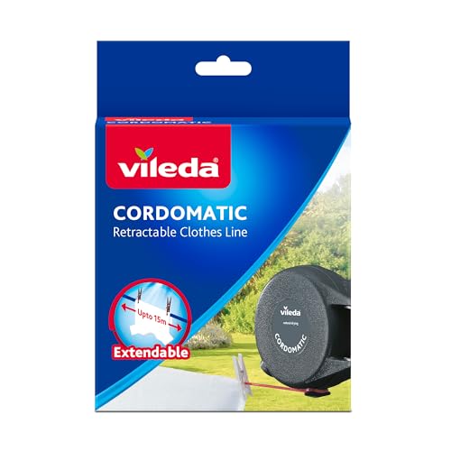 Vileda Cordomatic Retractable Washing line 15m | 1 x 15m clothes line holds up to 15kg | Extendable Clothes Line | Automatic retraction | Strong and durable | Wall Mounted for Indoor & Outdoor Use