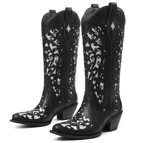 SaraIris Black Cowgirl Boots for Women Cowboy Boots Western Boots Chunky Heel Pointed Toe Pull On Rhinestones Knee High Boots3