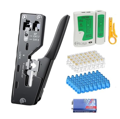 Image of ComTech Cat7 Cat5 passthrough crimping tool kit rj45 all in one crimper for cat5 cat5e cat6 cat7 includes ethernet network cable tester with wire stripper cutter 50pc cat6 connectors & 50pc boots set