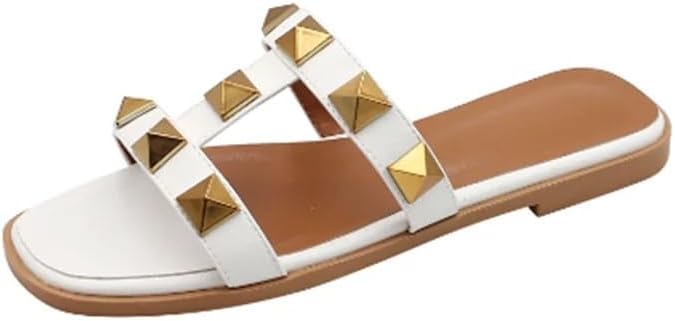 レディース ソフトレザー スタッド フラットシューズ オープントゥ 夏 ブラック ホワイト ブラウン スリッパ シーム レトロ レジ