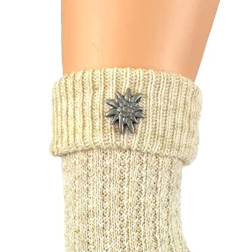 BF Souvenirs Damen und Herren Trachtensocken im modernen Landhaus-Stil mit Edelweiß-Pin – handgekettelte Naht – Qualitätssocken mit Leinen Anteil – Oktoberfest Volksfest Tracht Landhaus