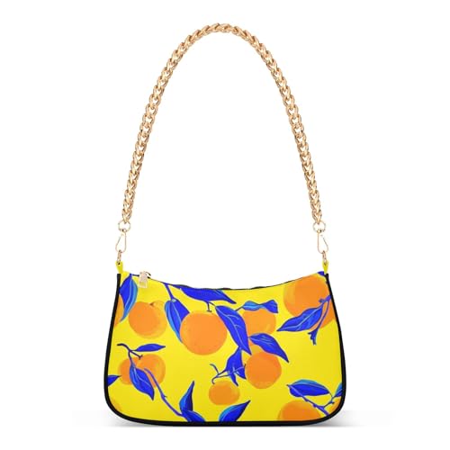 Oranges Deep Blue Leaves Clutch Handbags Womens Print Shoulder Purses Zipper Hobo Purse Clutch with Chain Strap