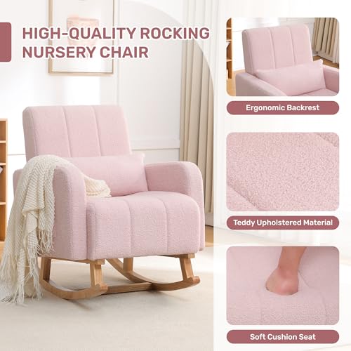 Image of HCHAIRH Rocking Chair with Ottoman, Upholstered Glider Rocker Armchair with High Backrest and Side Pocket, Comfy Reading Chair with Solid Wood Legs for Nursery, Living Room,Bedroom, Pink