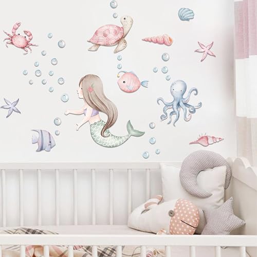 Under The Sea Mermaid Wall Decals - Ocean Fish Turtle Wall Stickers Bathroom Girls Bedroom Baby Nursery Wall Decoration,Sea Animals Wall Stickers - Image 6