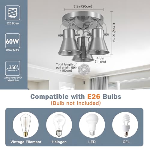 Image of 3-Light Ceiling Lights with Pull Chain, Adjustable Round Kitchen Ceiling Light, Morden Nickel Flush Mount Directional Track Light for Kitchen, Hallway, Dining Room, Bathroom, Coffee Bar