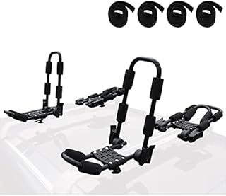 WIRUGA Folding Kayak Rack 4 PCS/Set J Bar Roof Carrier Rack of Bilateral Premier for Canoe/SUP/Kayaks and Surfboard Board On Rooftop Mount on SUV/Car and Truck Crossbar with 4 PCS Tie Down Straps