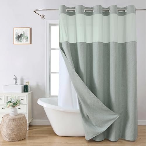 Long No Hooks Needed Linen Textured Shower Curtain with Snap-in Fabric Liner Set,Sage Green Hotel Luxury Decor Shower Curtains for Bathroom,Waterproof & Washable,71Wx80H