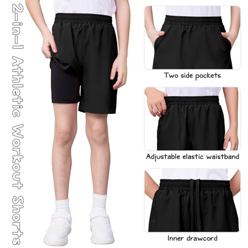 QBK Boys 2-in-1 Athletic Running Shorts with Compression Liner Lightweight Quick Dry 3T-16Y2