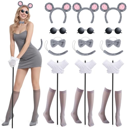 Prosperify 21 PCS Halloween Mouse Costume Accessories with 3 Complete Blind Costume for Women Halloween Cosplay Mice (Grey)