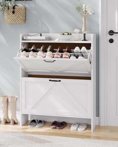 GarveeMore Meuble à Chaussures étroit avec 2 tiroirs abattants – Rangement dissimulé pour entrée, Couloir ou Chambre – Design Fin sur Pieds en métal – Blanche – vue 6