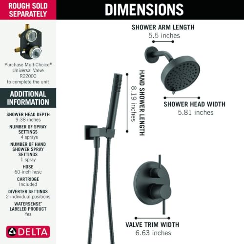 Image of Delta Modern Round Shower System Faucet Set, Matte Black 6-inch Shower Head and Handle Set, Valve Trim Kit, Matte Black T342704-BL (Valve Not Included)