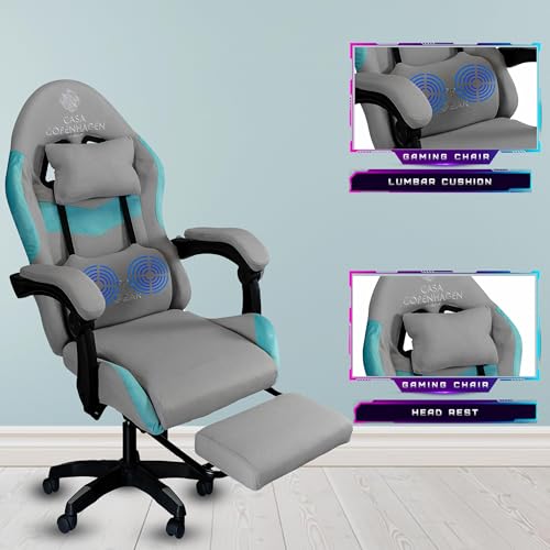 Image of Casa Copenhagen, High-Back Italian Fabric Gaming Ergonomic Chair with Advanced Mechanism & Electric Back Massager, Luxurious Memory Foam Seating & Multi Function Arm-Rest - Grey & Aqua Blue