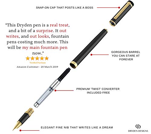 Dryden Designs Fountain Pen Fine Nib, Includes Gift Box and Ink Refill Converter, Classic Writing Tool [Intense Black] for Left and Right Handed - Thumbnail 5