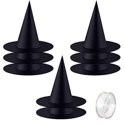 Zeedix 8 Pcs Halloween Black Witch Hats- Halloween Hanging Decorations Witch Hat With 98 Feet Hanging Rope For Halloween Costume Accessories Party Decoration #TOP18