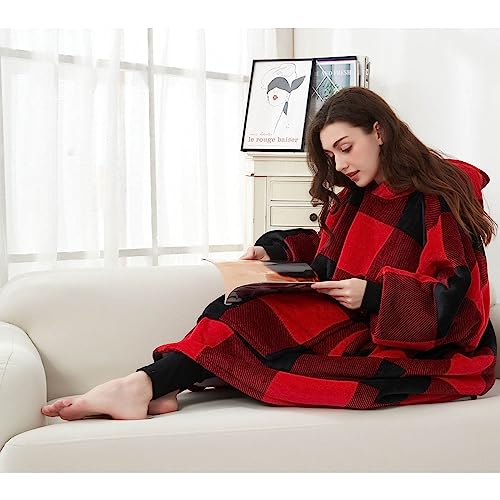 Image of KFUBUO Wearable Blanket Hoodie for Adults With Pocket Sherpa Red Plaid | Sherpa, Fuzzy Blanket Hoodie, Oversized Sweatshirt Blanket, Kangaroo Pouch, Cute Gifts for Women, Cute Stuff