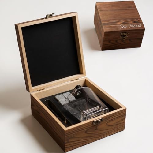 Kit Whisky Personalizado com Caixa de Madeira, Copo, Pedras de Gelo e Pinça em Inox (HKD05 Sem Personalização)