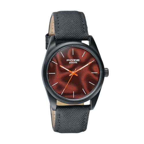 Image of Sonata Poze 9 with Quartz Analog Black /Orange Dial Black Strap Watch for Men - SP70033NP01W