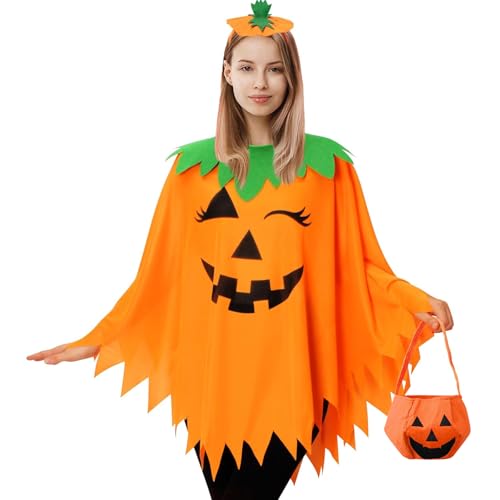 Kezidhp Costume Citrouille Femme Halloween 3 Pièces avec Cape, Chapeau Citrouille et Sac, Tenue Halloween Adulte Confortable, Idéal pour Soirée Déguisée, Carnaval, Cosplay