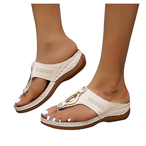 Sandals Women Orthopedic Walking Sandals Arch Support Anti-Slip Breathable Dressy Sandals Vintage Flip-Flops Beige #TOP14